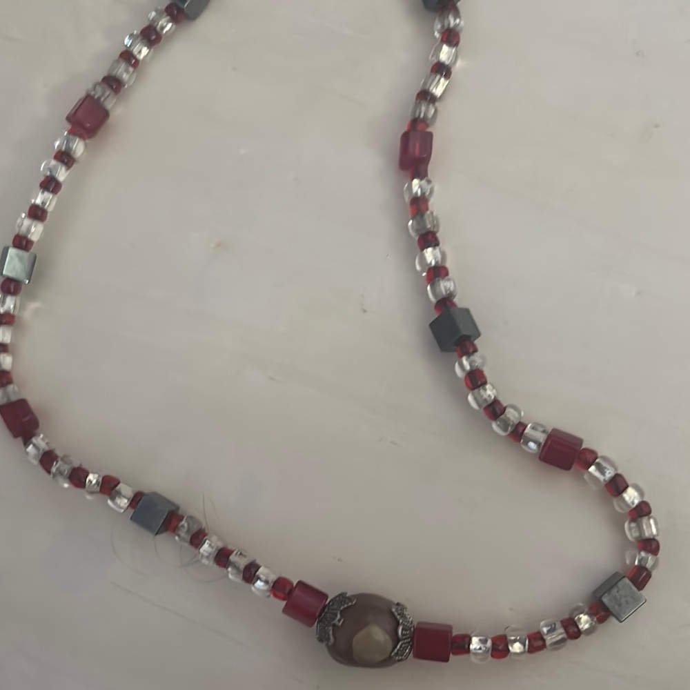 Elegant Red and Silver Beaded Necklace